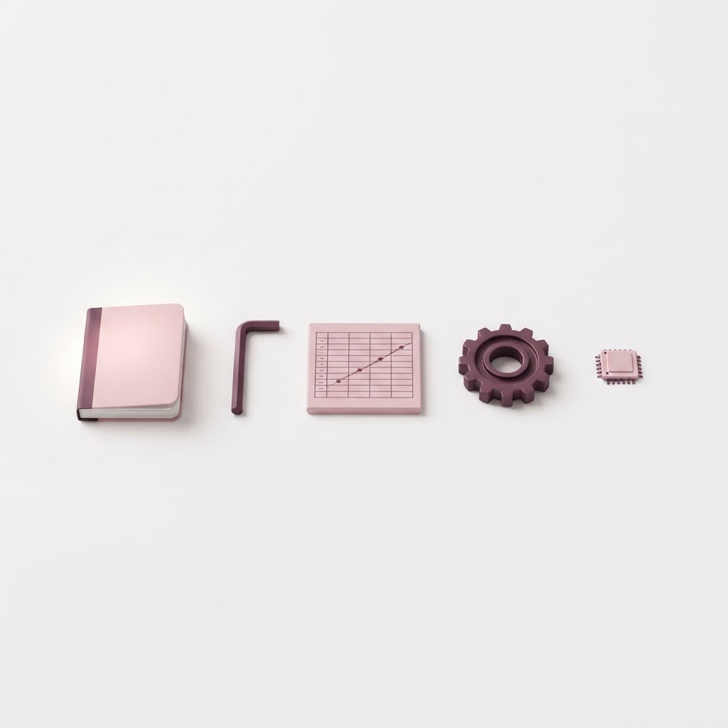 Five objects in a row: a notebook, a wrench, a spreadsheet tile, a gear and a microchip, with the notebook gently highlighted