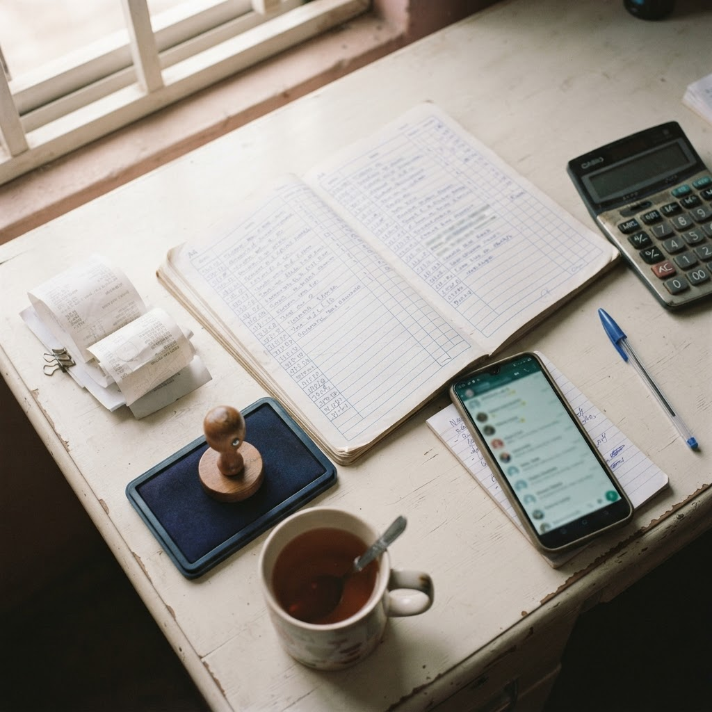 Overhead view of a busy business owner's desk covered in paper ledgers, receipts and a phone full of notifications
