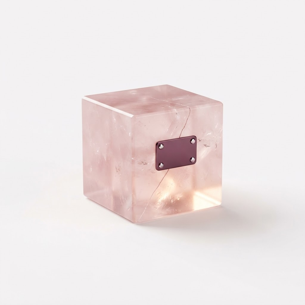 A translucent rose quartz cube with a hairline crack, sealed by a small plum metal patch plate